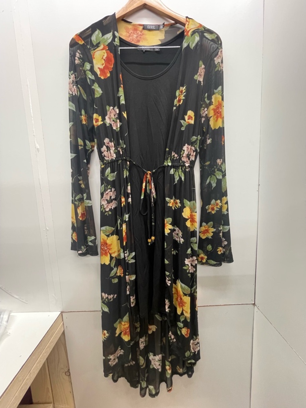 Floral 2 Piece Tie-Front Maxi Dress in Black with Yellow & Pink Blooms